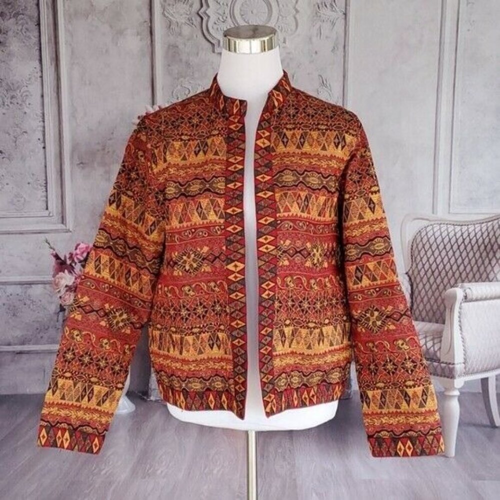 August Max Orange Southwestern Open Front Blazer Jacket M - Picture 3 of 11